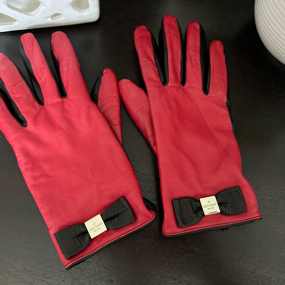 Kate Spade Red Genuine Leather Gloves w/ Bow  - size L
